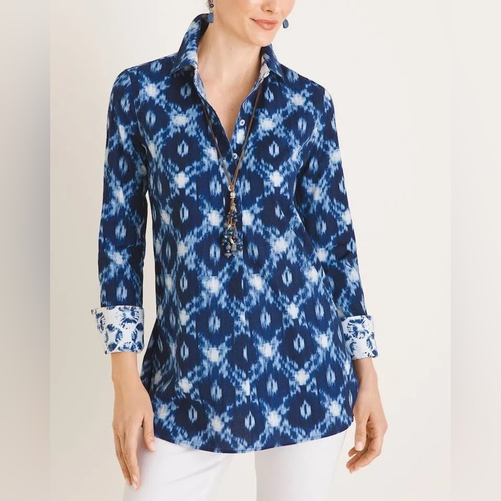 Chico’s No-Iron Easy Cotton NEW All Over Print Blue Button Front‎ Tunic Top in M